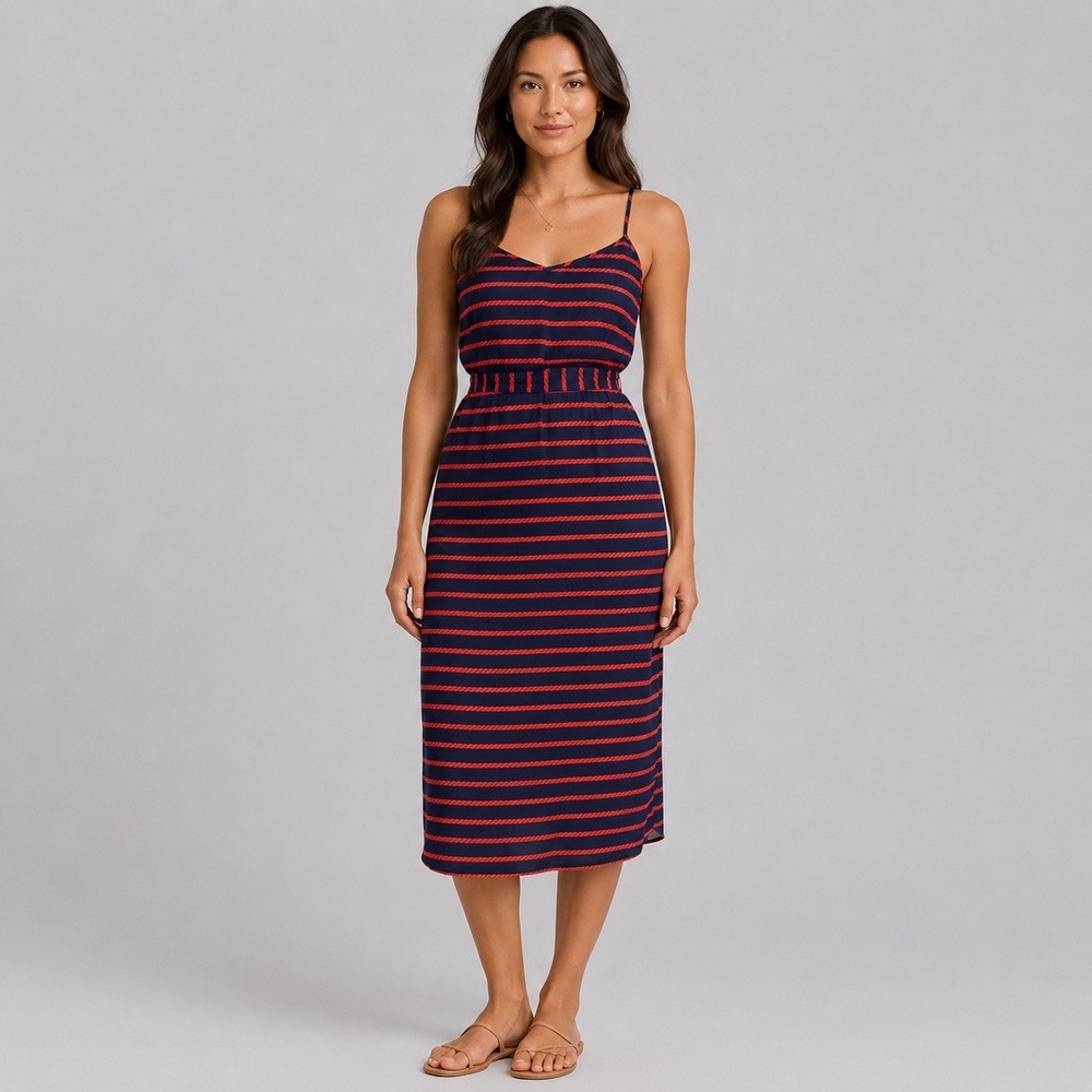 Nautical Navy Red Rope Stripe Spaghetti Strap Midi Dress Petite 10P